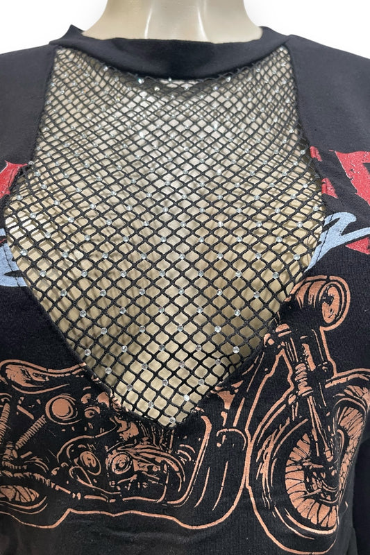 Studded Fishnet Cleavage Graphic Long Sleeve Top