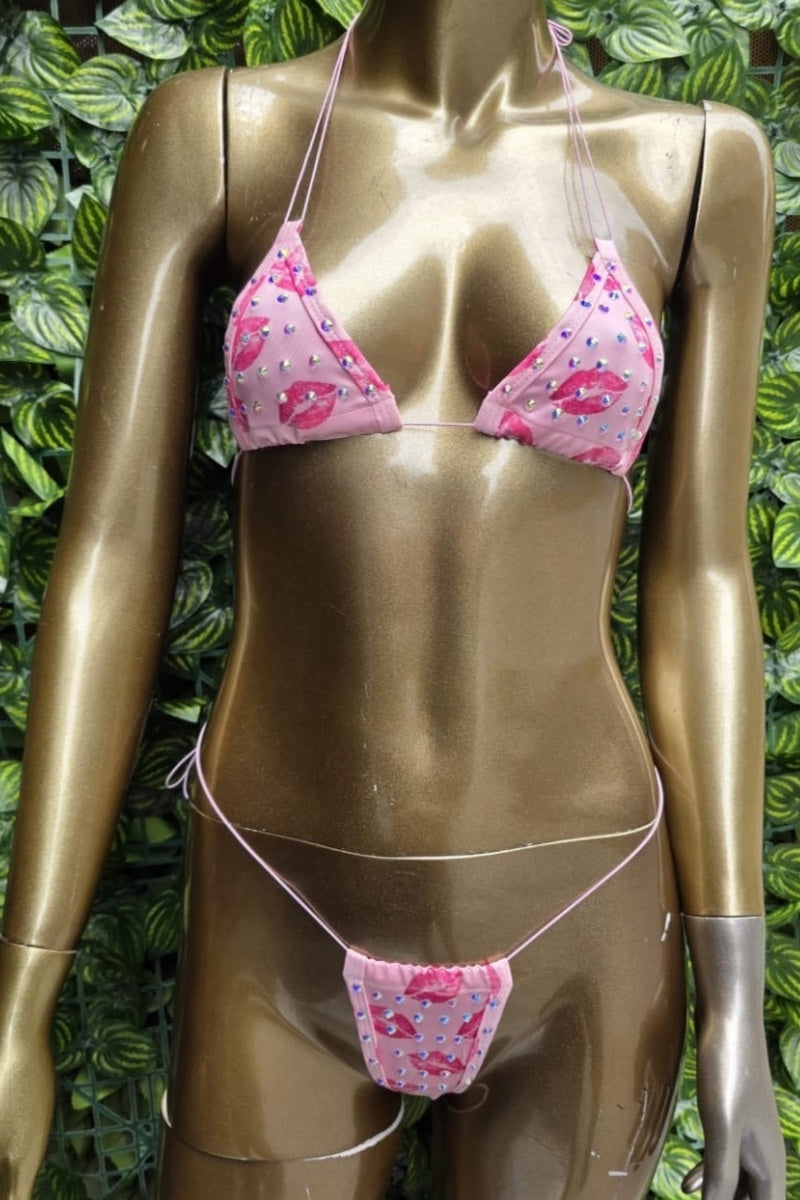 Studded String Bikini Lingerie Set - Pink