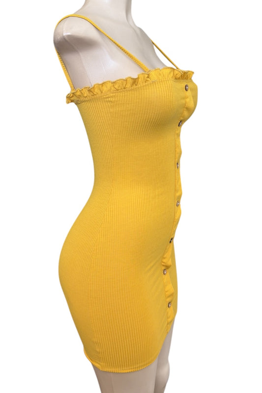 Mustard dress on a mannequin against a white background