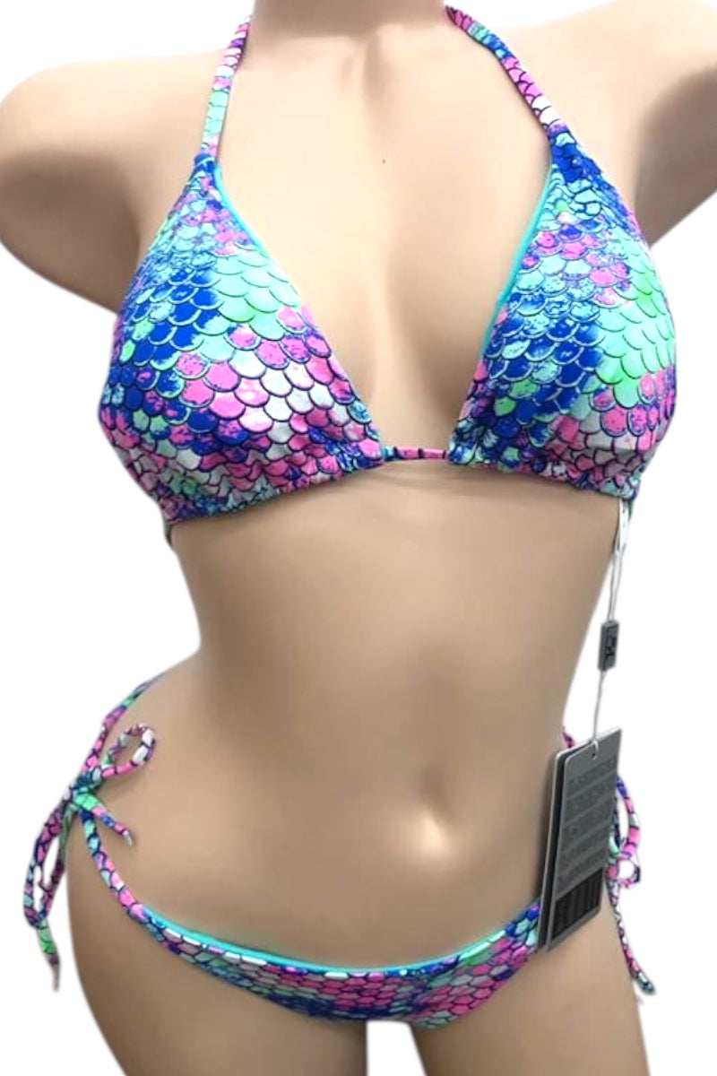 Mint Multicolored mermaid scale bikini on a mannequin with a tag.