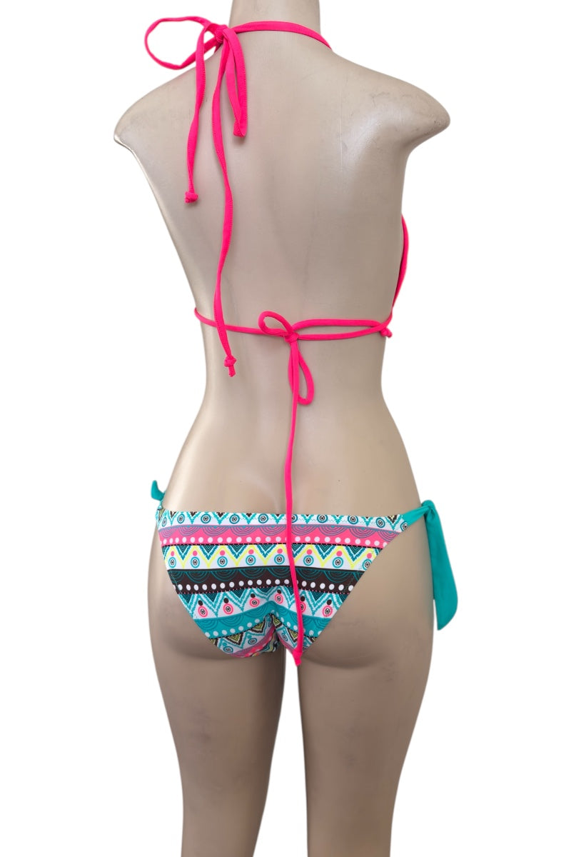 Bikini set with pink straps and colorful patterned bottom on a mannequin against a white background