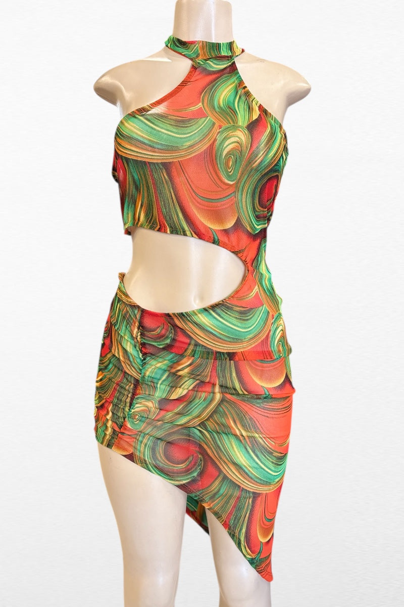 Swirl Print Asymmetrical Cutout Mesh Dress