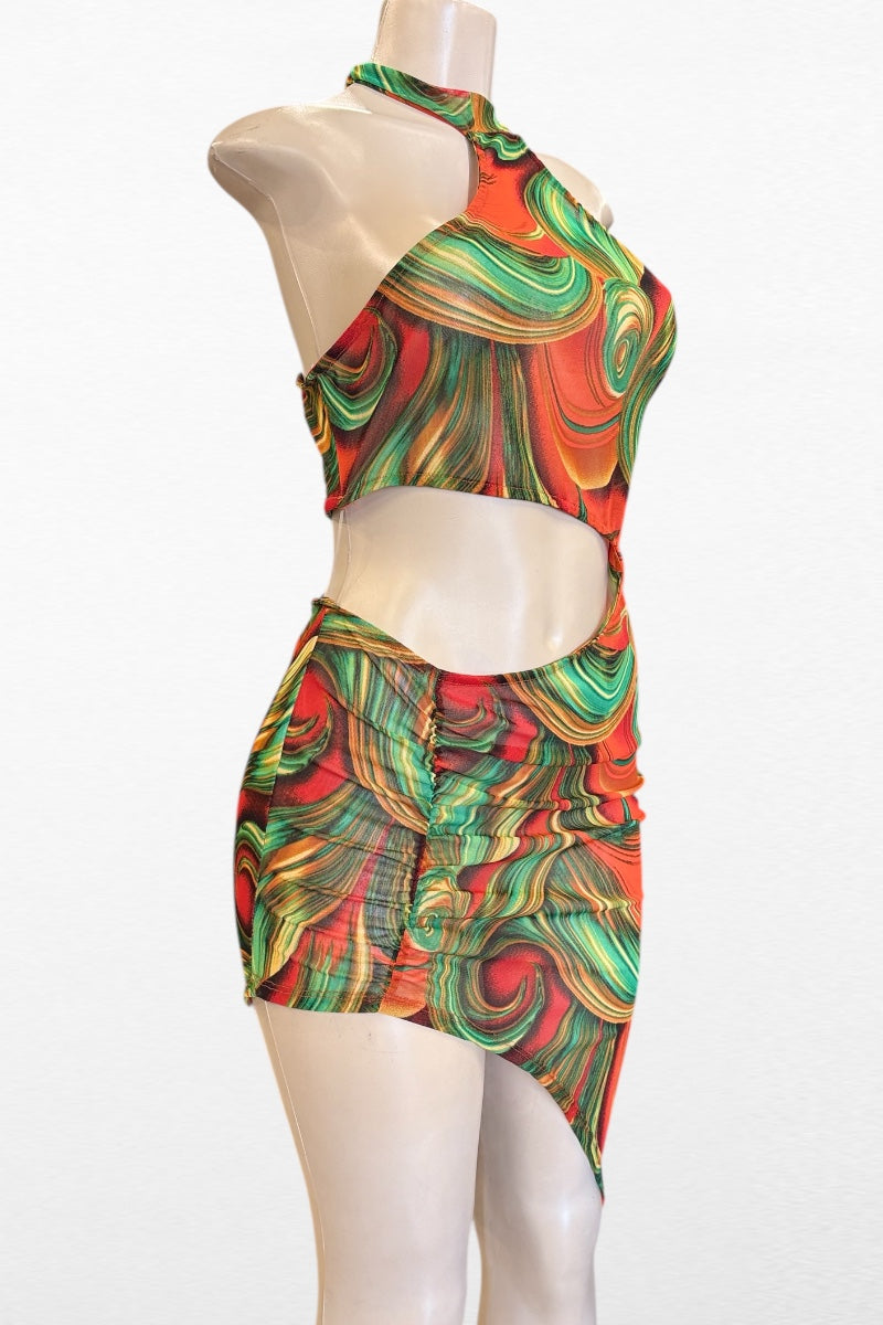 Swirl Print Asymmetrical Cutout Mesh Dress