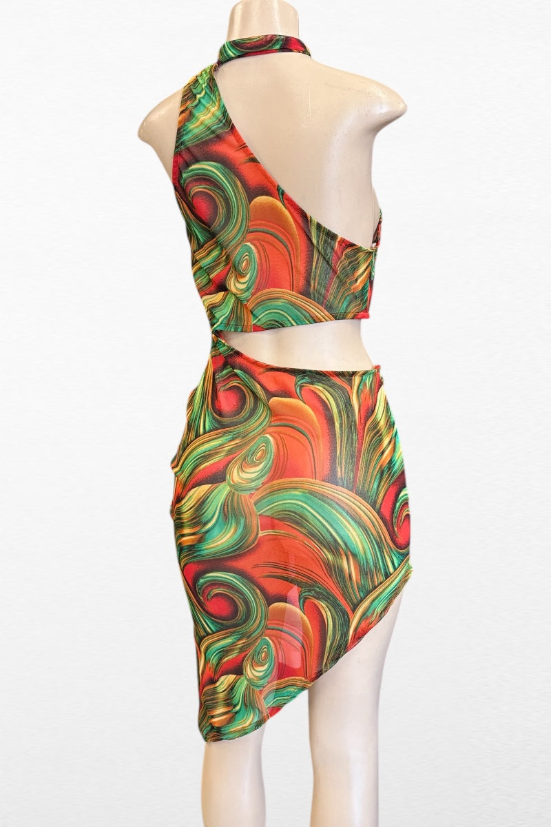 Swirl Print Asymmetrical Cutout Mesh Dress