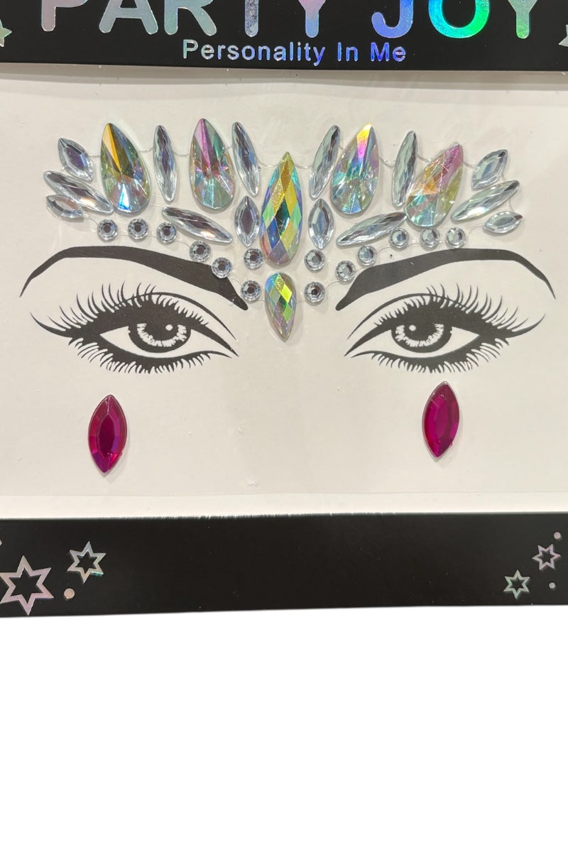 Face stickers with gemstones and a heart design on a white background.