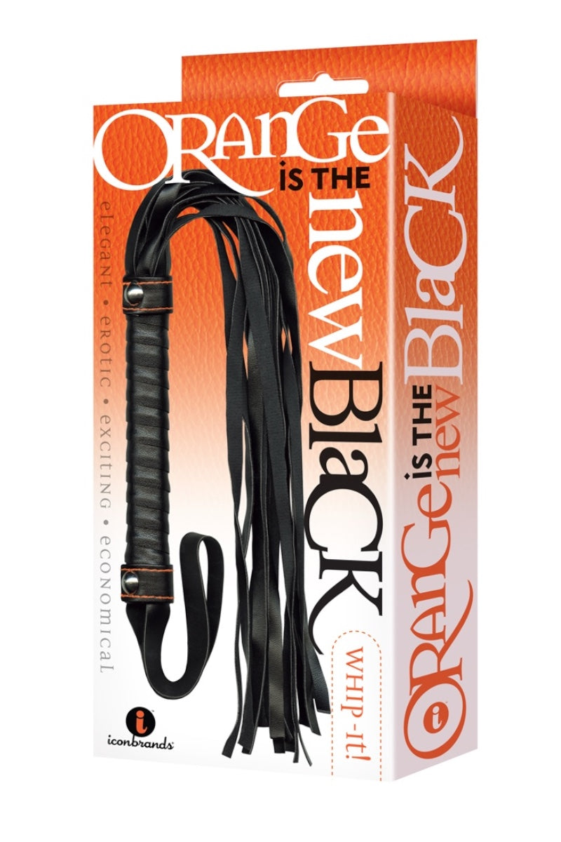 Black whip with 'Orange is the New Black' branding on packaging
