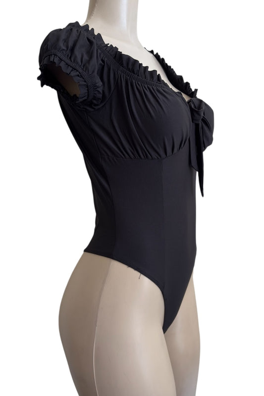 Black bodysuit on a mannequin against a white background