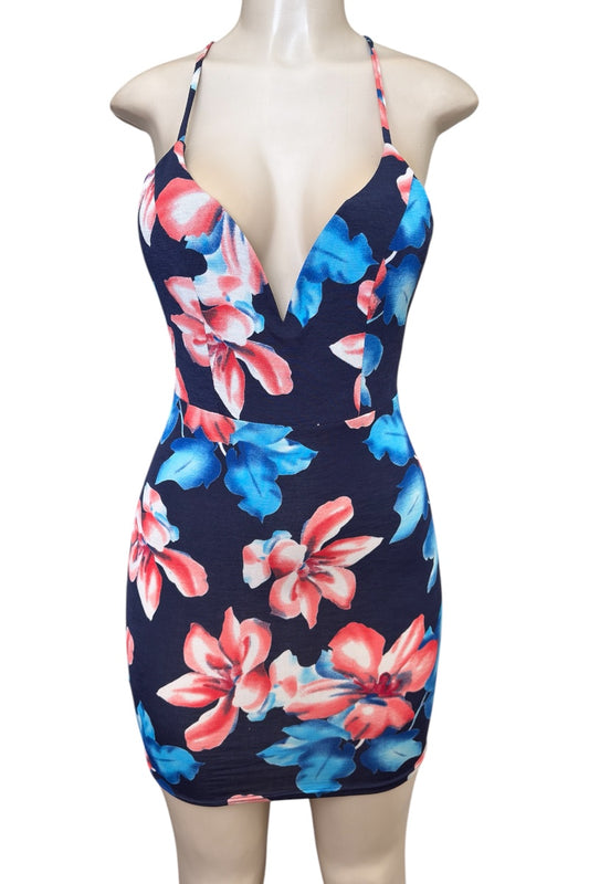 Floral dress on a mannequin with a white background