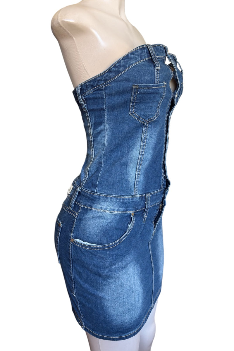 Blue denim dress on a mannequin against a white background