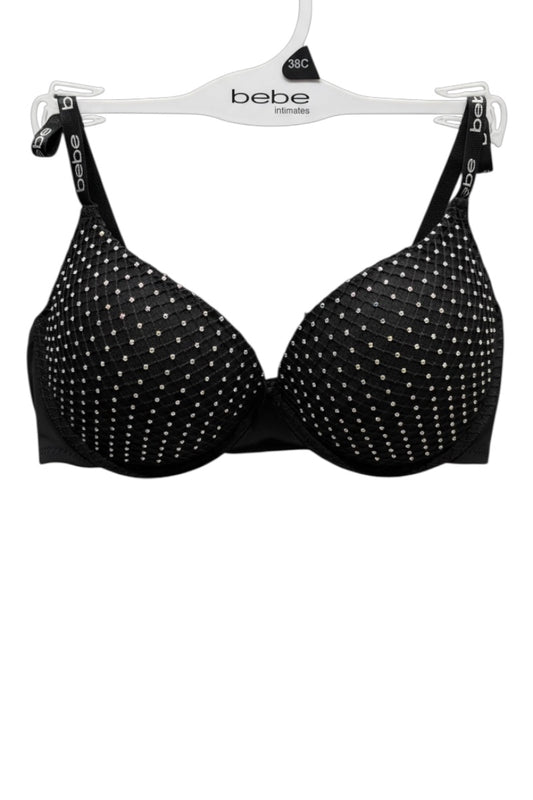 Black bra with rhinestone details on a white background