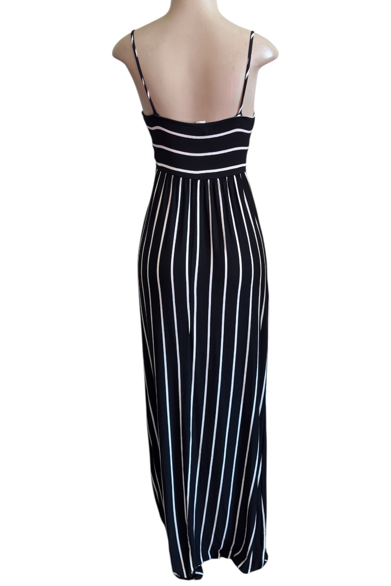 Black and white striped dress on a mannequin against a white background