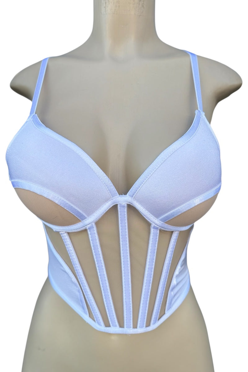 White bra crop top on a mannequin with a white background