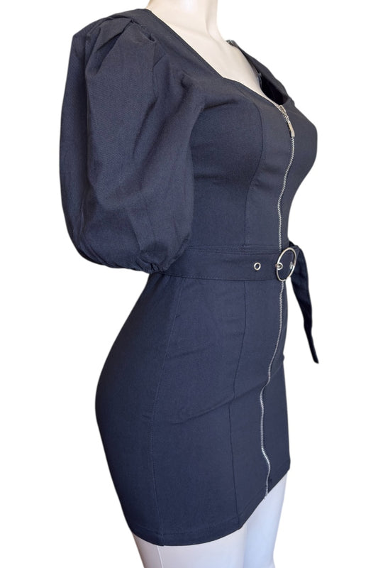 Black dress with puff sleeves on a white background