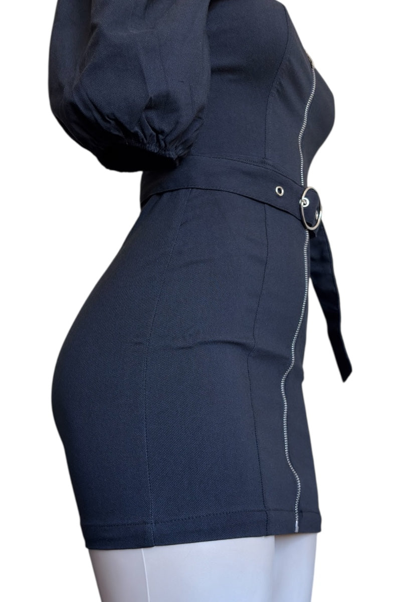 Black dress with a belt on a white background