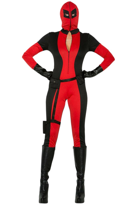 Red and black superhero costume with a white background