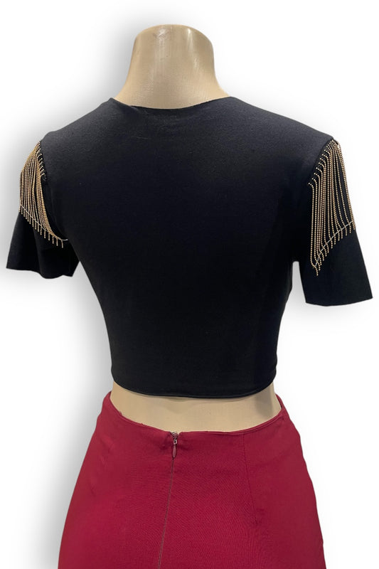 Vintage Chain Self Tie Graphic Crop Top