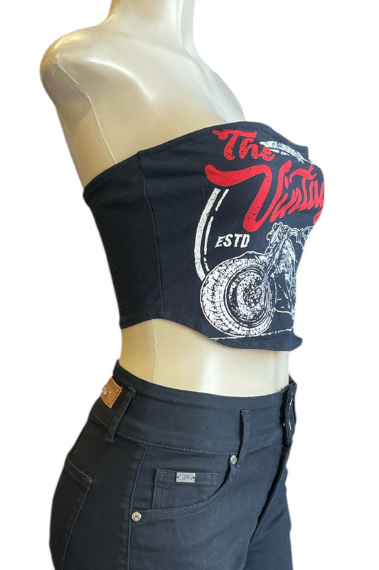 Vintage Graphic Tube Top with Lace Up Back