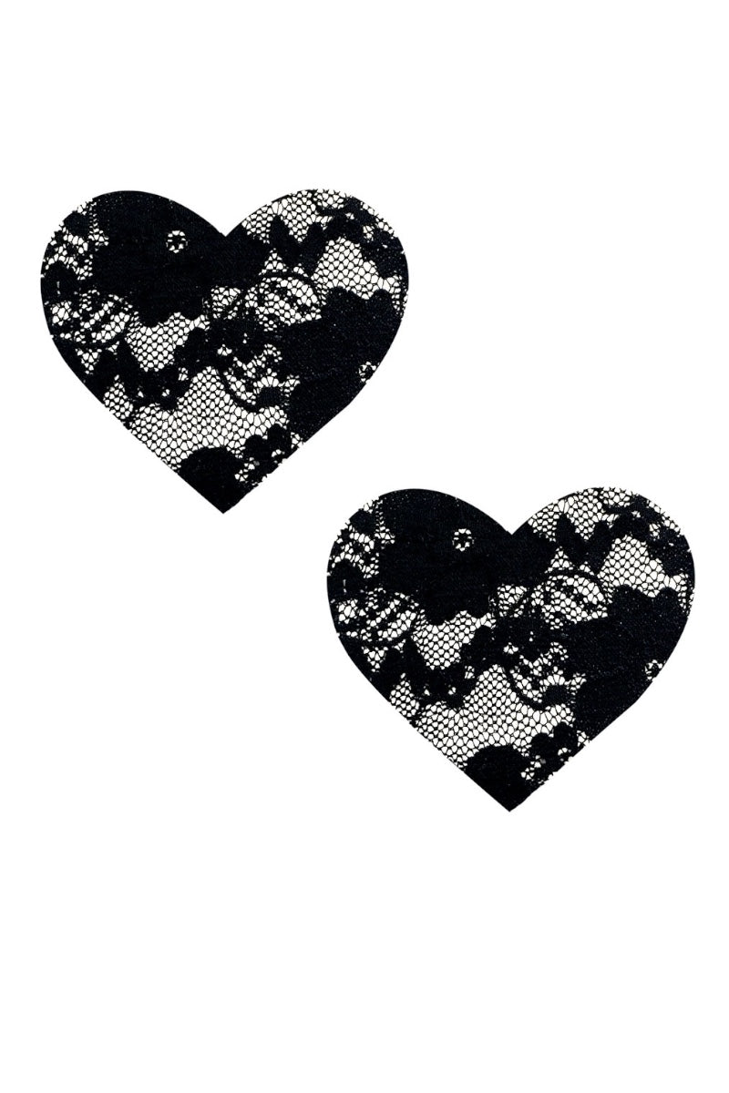 Two black lace heart-shaped pasties on a white background