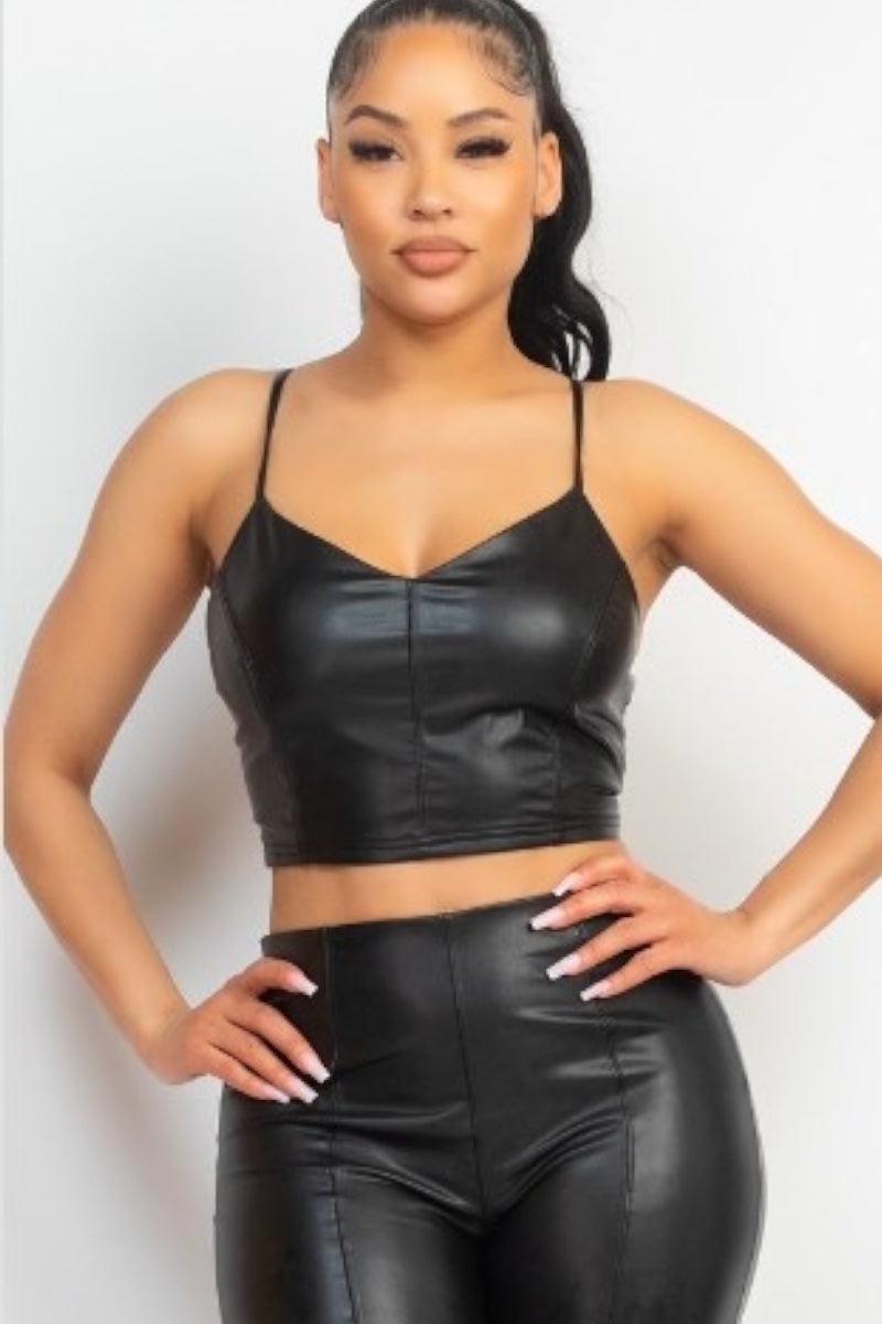 Woven Faux Leather V-Neck Tank Top