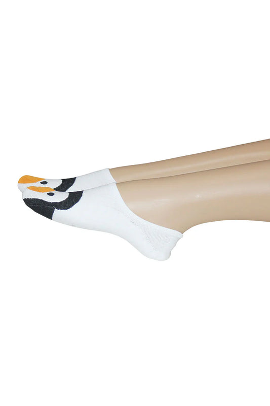 White sock with a penguin design worn by a mannequin on a white background