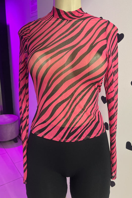 Zebra Print Mesh Long Sleeve Top