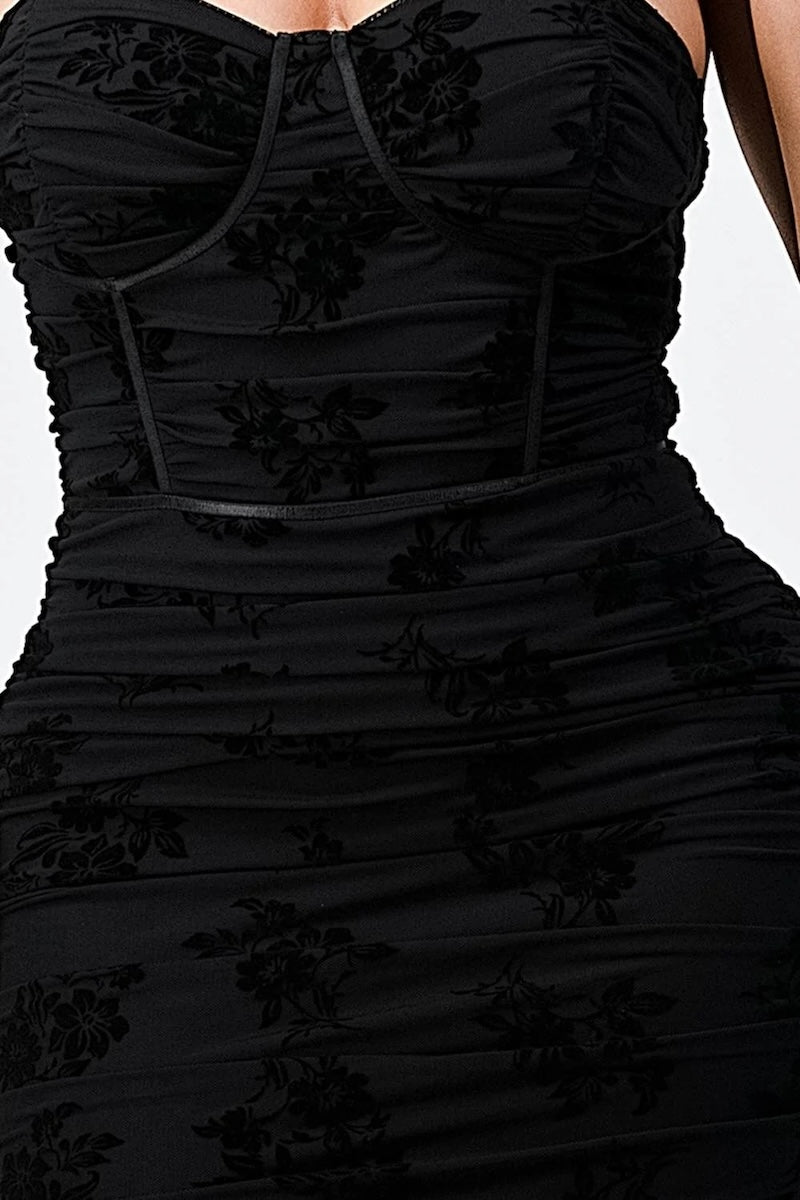 Lux Mesh Velvet Lily Flocking Contrast Bodycon Dress - Black