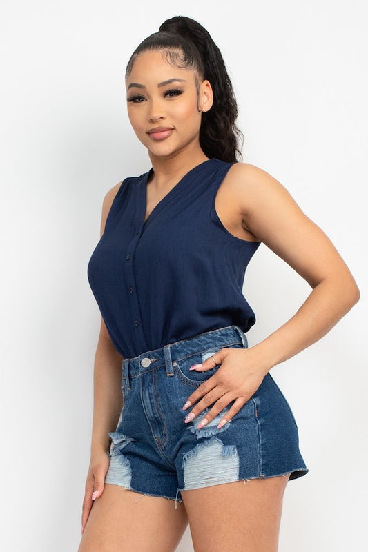 Timeless Sleeveless V Neck Button Top