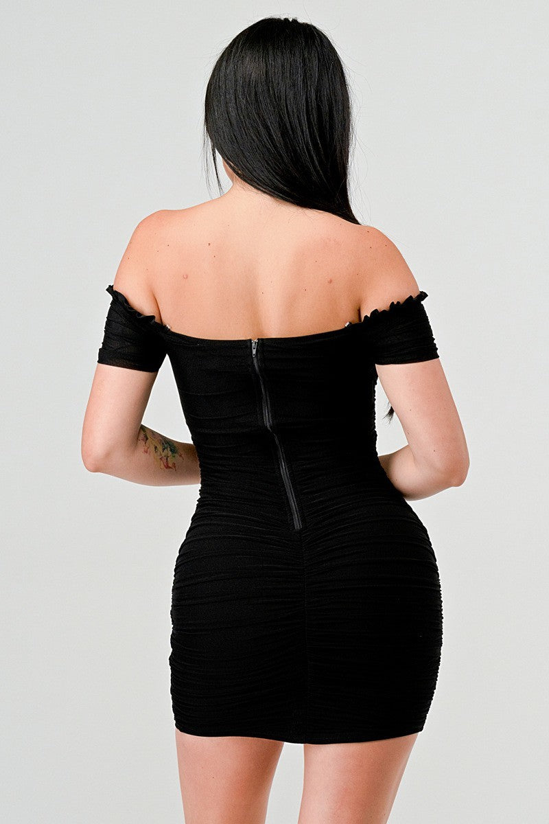Off Shoulder Princess Ruched Mesh Dress - Black
