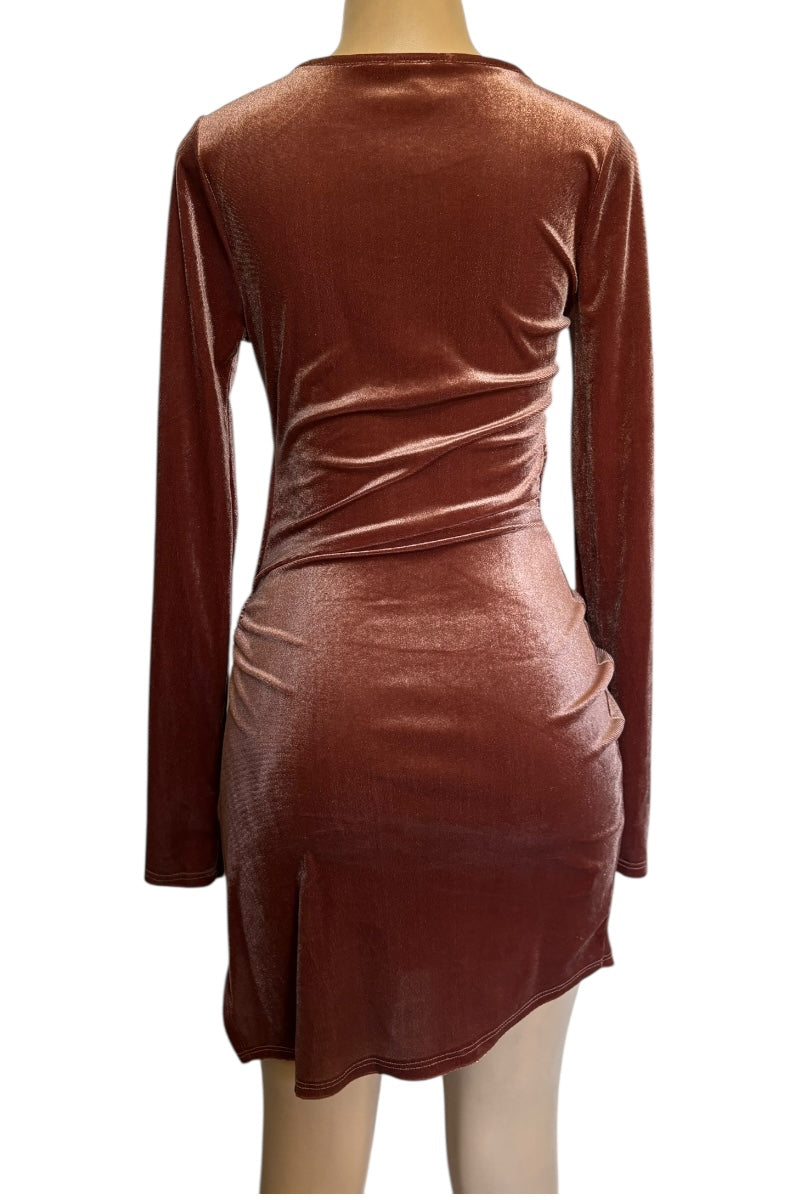 caramel velvet dress on a mannequin against a white background