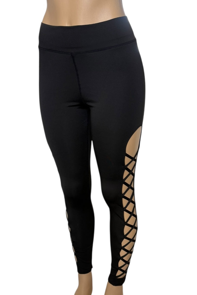 Black leggings with lattice design on a white background