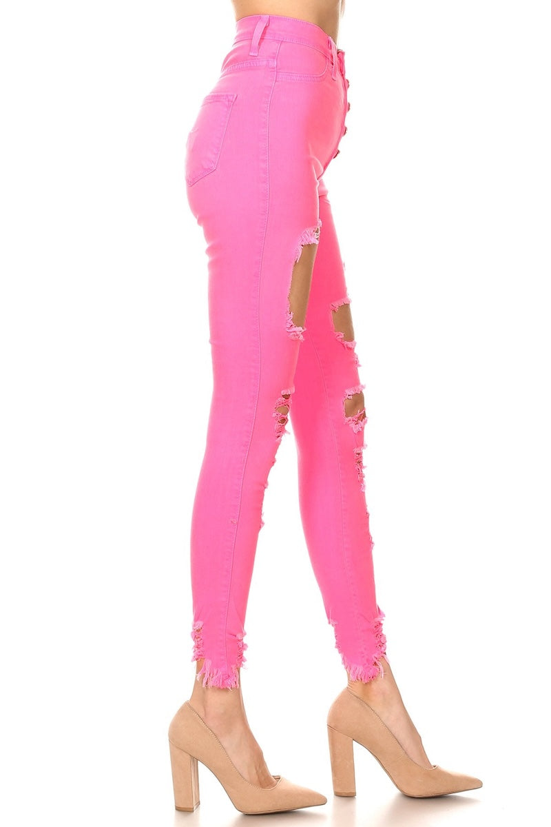 Classic 5 Button Distressed Skinny Jeans - Neon Pink