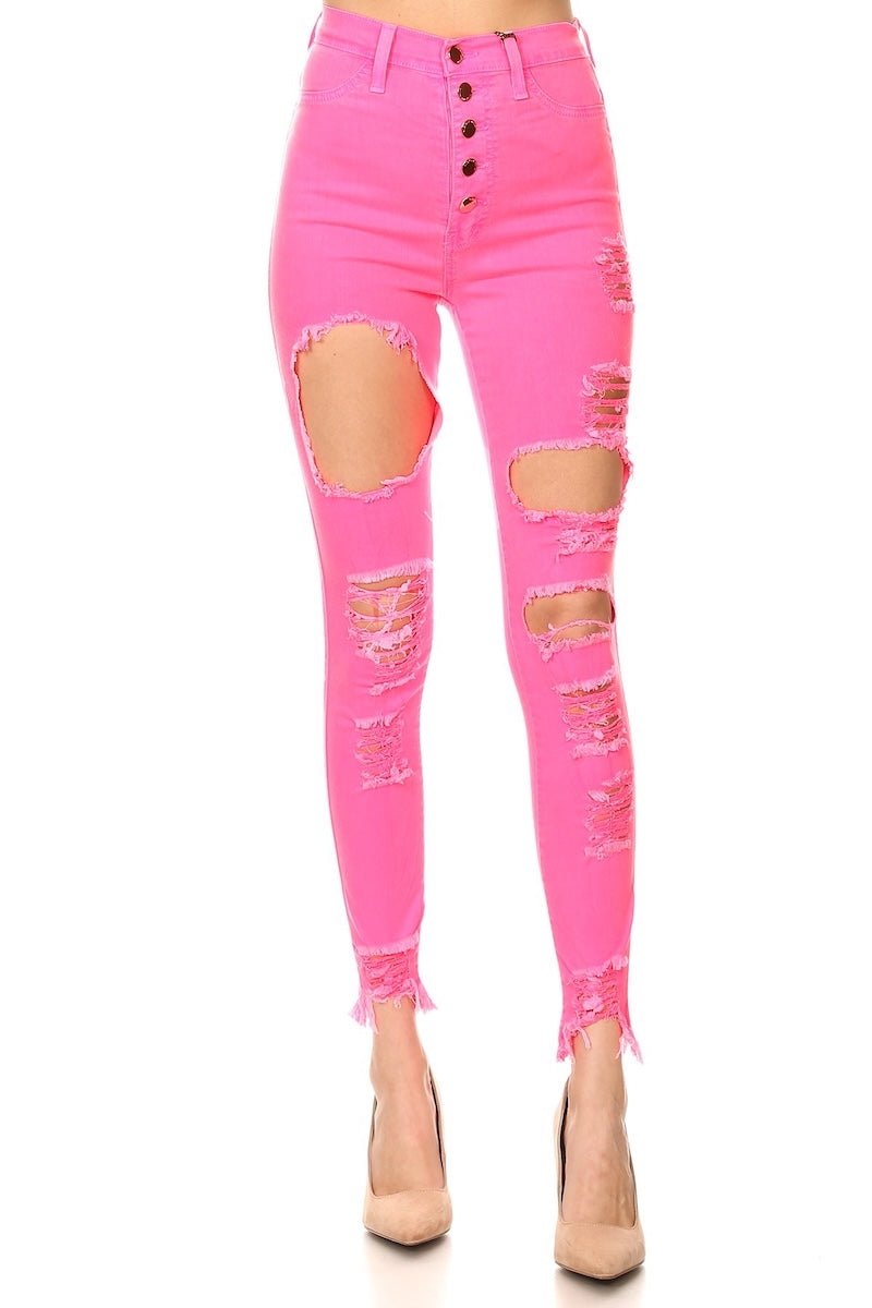 Classic 5 Button Distressed Skinny Jeans - Neon Pink