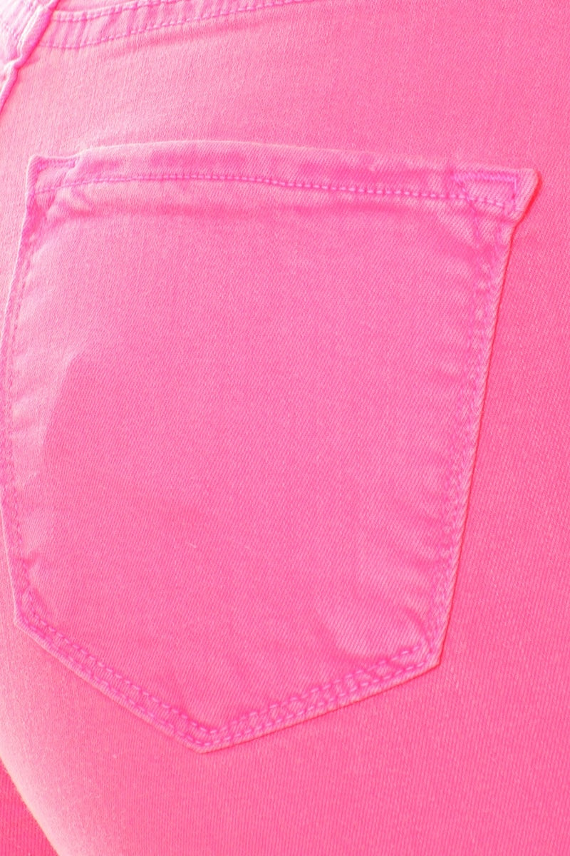 Classic 5 Button Distressed Skinny Jeans - Neon Pink