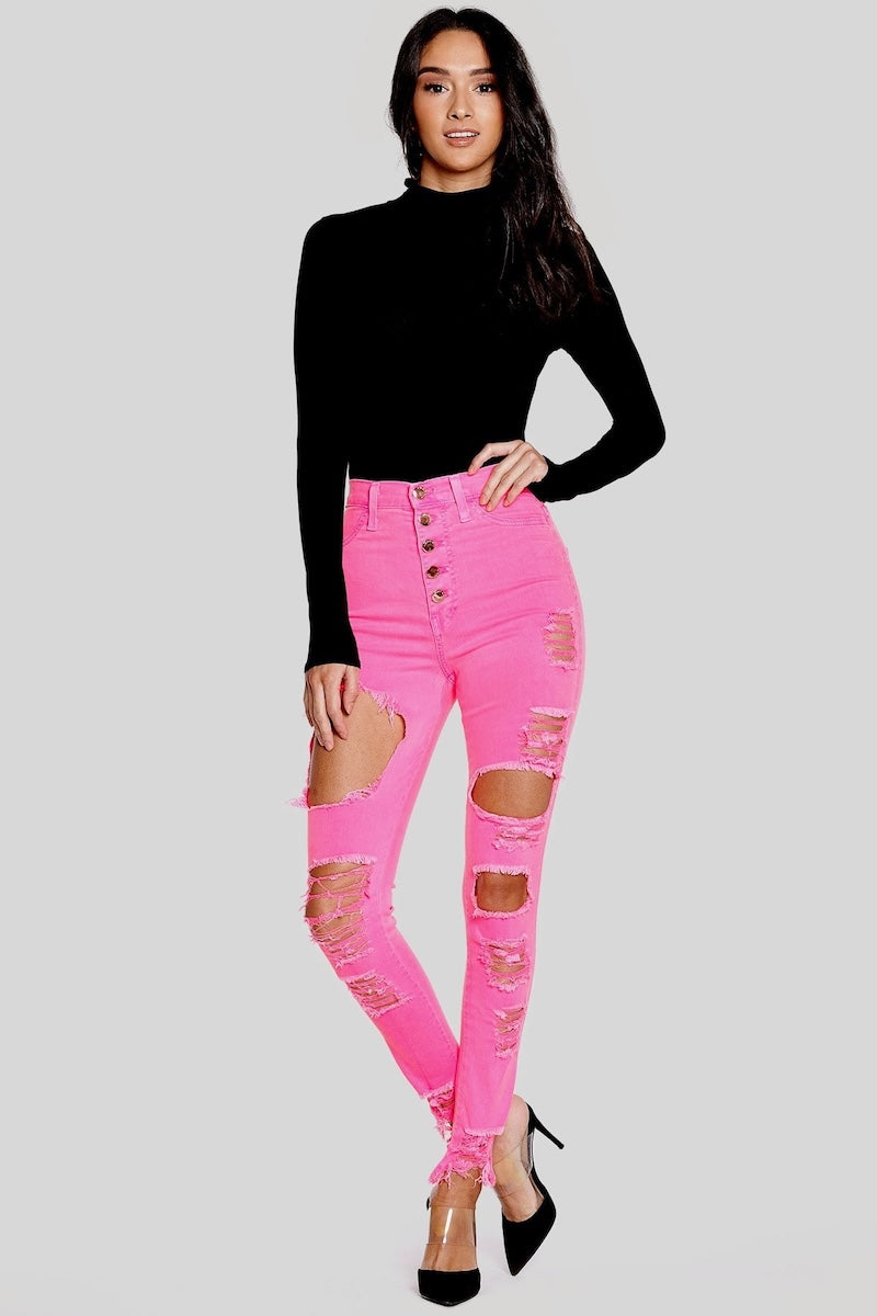 Classic 5 Button Distressed Skinny Jeans - Neon Pink