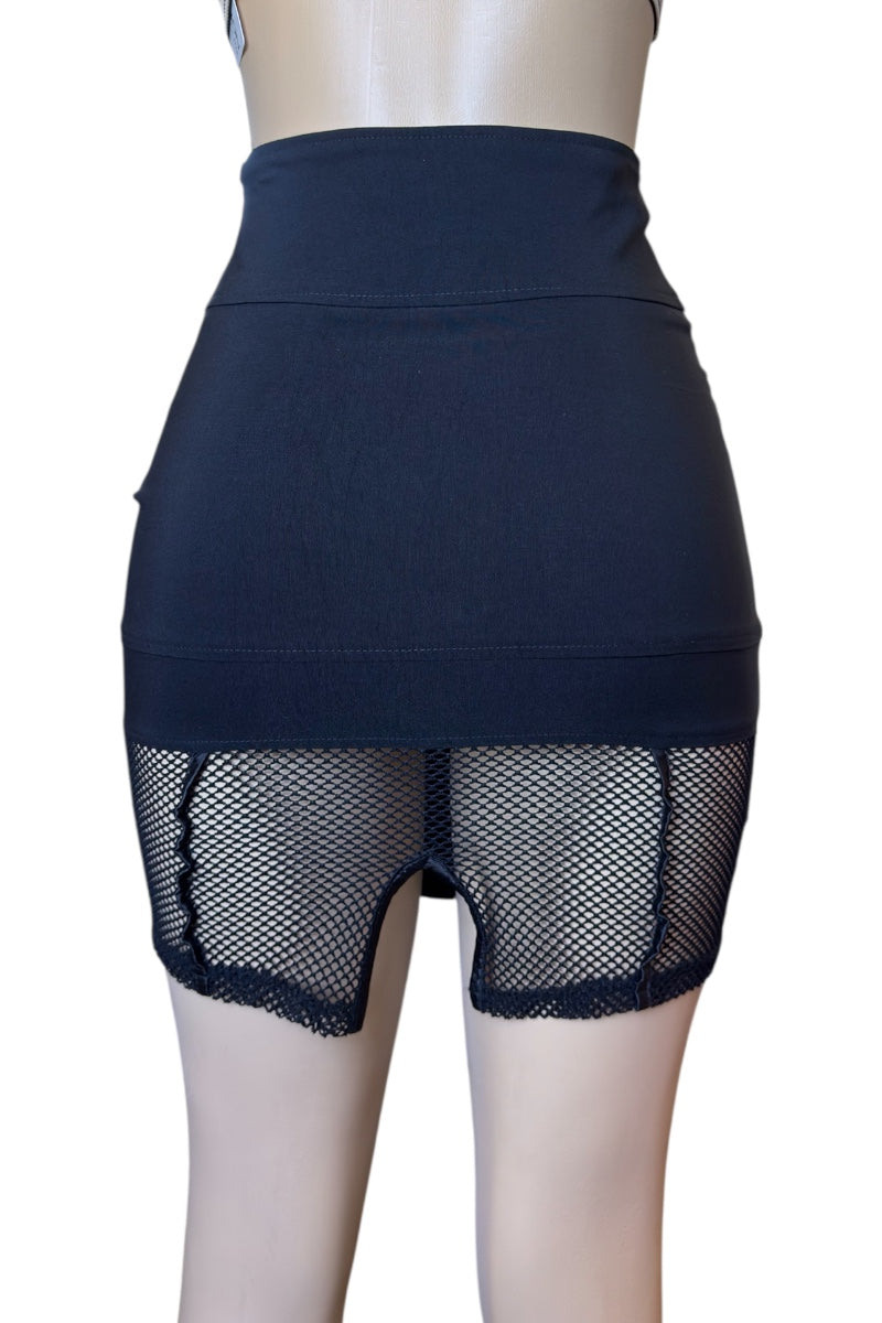 black skirt with fishnet panels on a mannequin against a white background