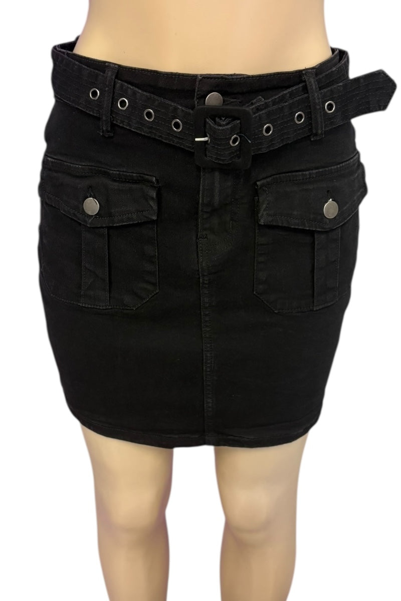 Black denim skirt with belt on a white background