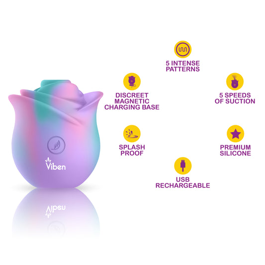 Rose-shaped device with colorful gradient, USB rechargeable text, and Viben branding on a white background.
