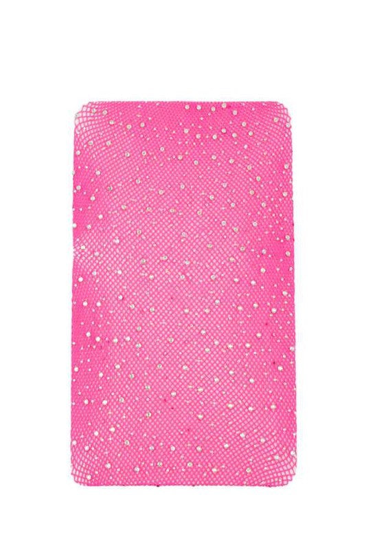 fabric of Shimmery Rhinestone Fishnet Bodysuit in neon pink color