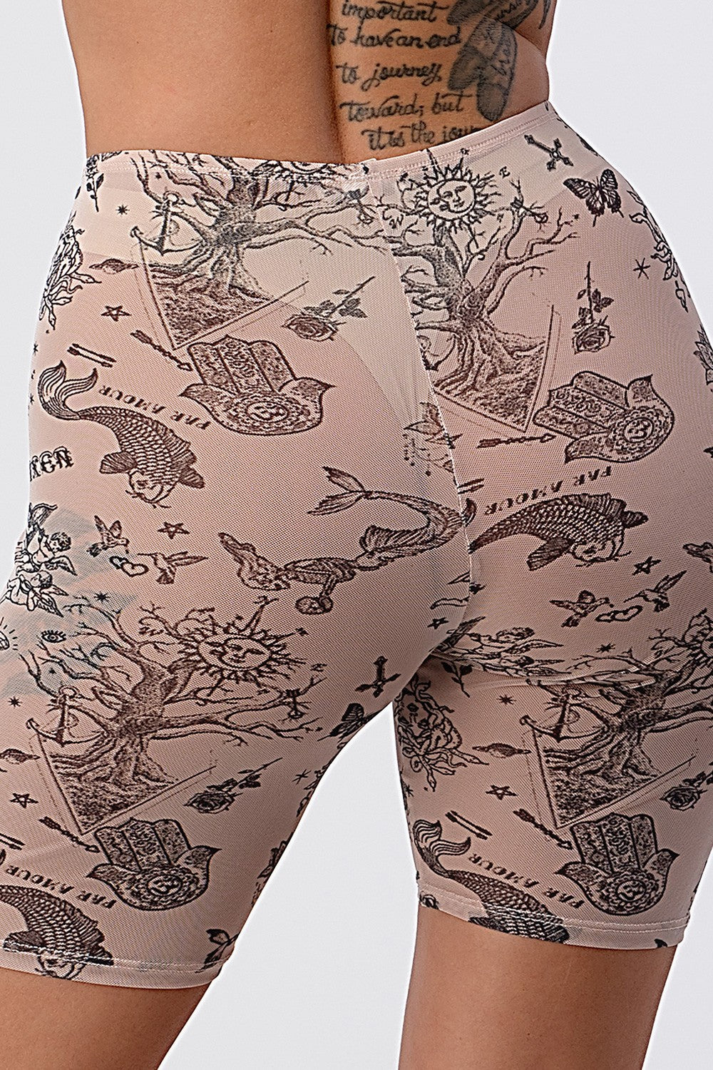 Tattoo Mesh Biker Shorts - Beige