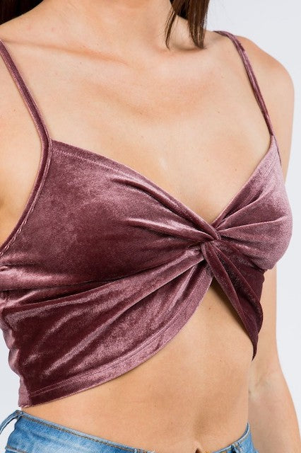 Sleeveless Velvet Crop Top With Twist Knot Detail - Mauve