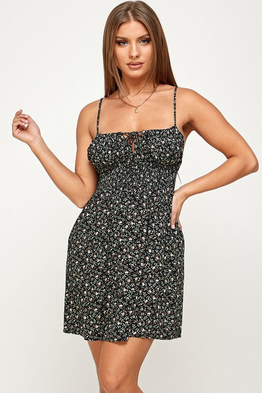 Floral Front Tie Mini Dress - Black
