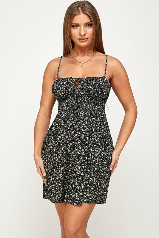 Floral Front Tie Mini Dress - Black