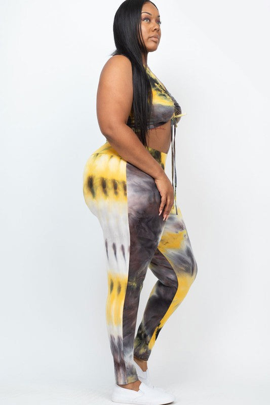 Plus Tie-Dye Ruched Crop Top and Leggings Set - Mustard
