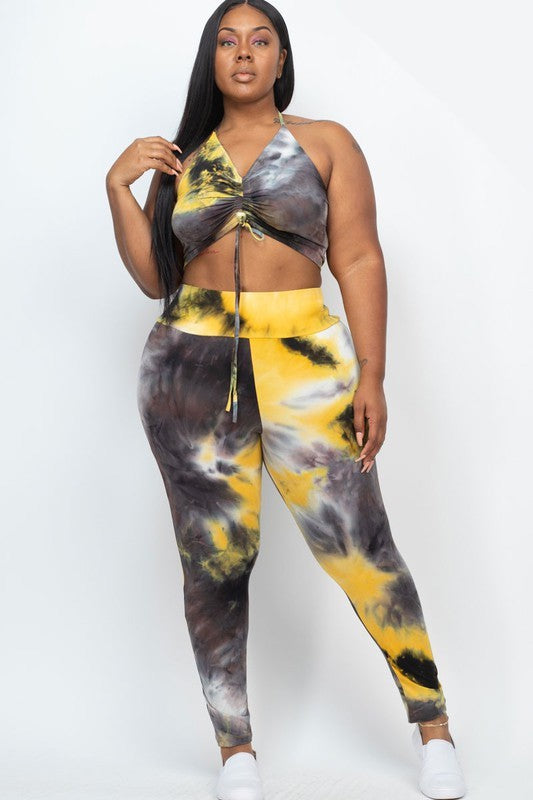 Plus Tie-Dye Ruched Crop Top and Leggings Set - Mustard