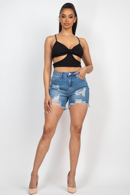 Destroyed Frayed Hem Denim Shorts - Blue