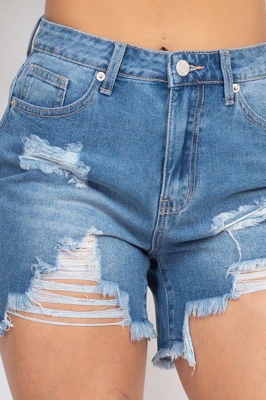Destroyed Frayed Hem Denim Shorts - Blue