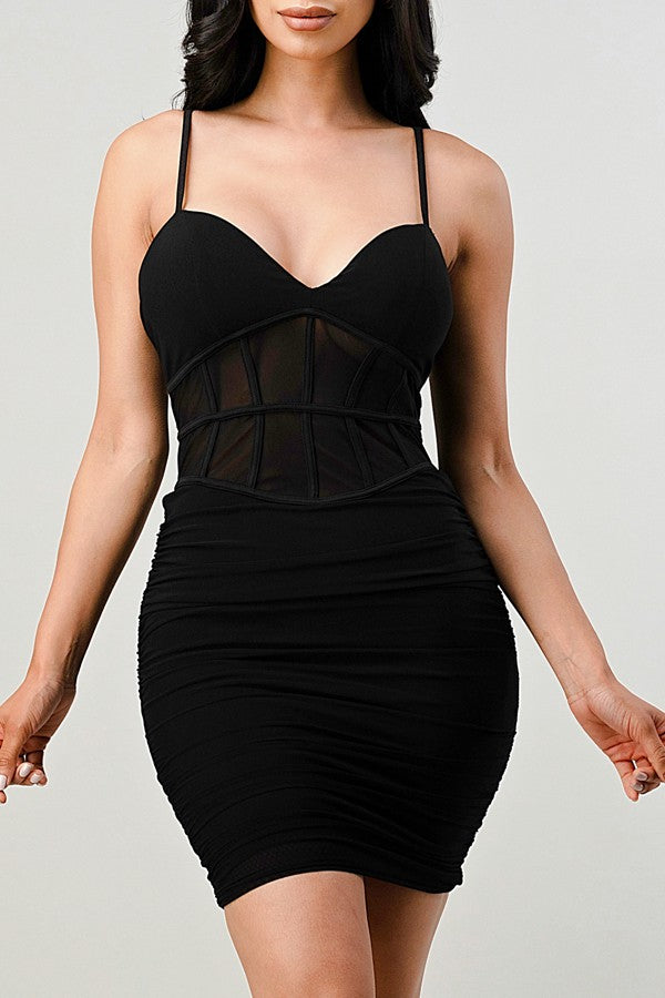 Sweetheart Bra Cup Mesh Lined Dress - Black