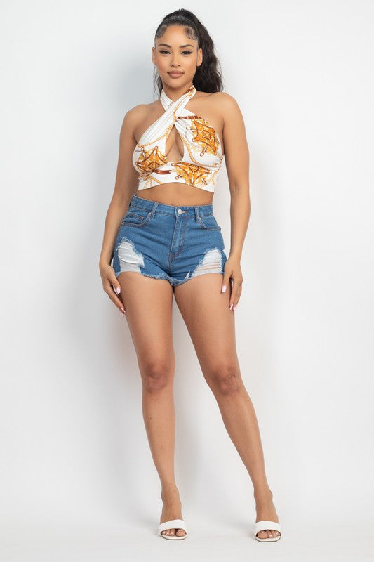 Halter Neck Cut-Out Printed Top - White