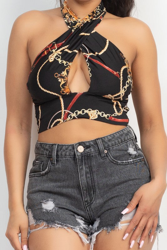 Halter Neck Cut-Out Printed Top - Black