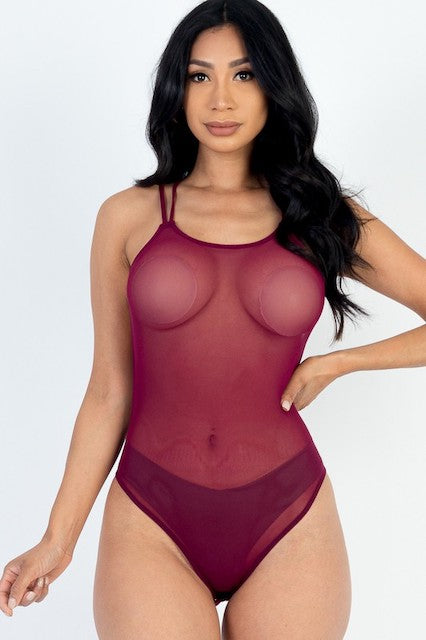 Poly Mesh Crisscross Backless Bodysuit - Burgundy